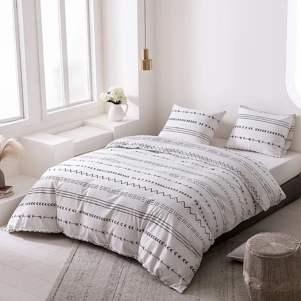 Black Striped Geometric Printed Bedding Duvet Cover Set Zipper Closure Twin Size